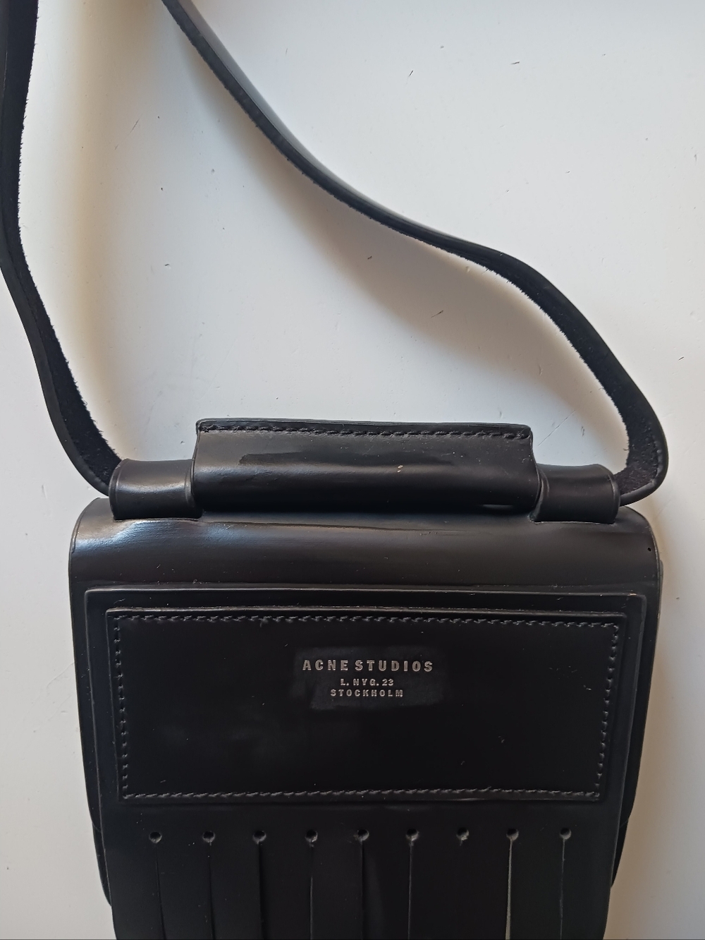 ACNE STUDIO Black Leather Fringe Mini Crossbody Bag - Picture 4 of 11